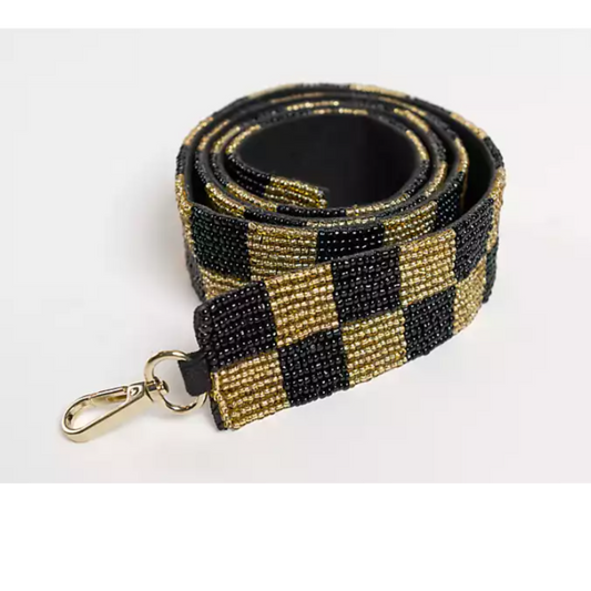 Black and Gold Check Beaded Purse Strap